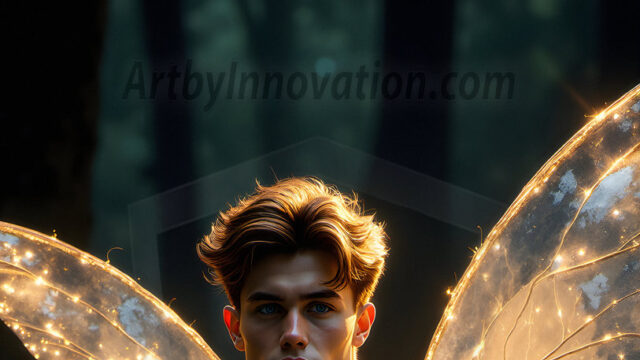 Brought to life through AI, Capturing the Pristine and Elusive Male Fairy. Imagine a realm where handsome shirtless men & boys possess enormous, shimmering crystal wings, vibrant and radiant, capturing and reflecting the light of the environment in a mesmerizing way, and adding a touch of mystery to their intense visage. Outdoors in a fantasy mysterious enchanted realm.