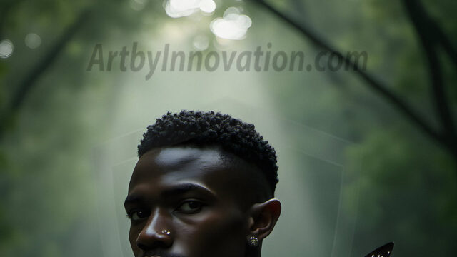 Brought to life through AI, Capturing the Pristine and Elusive Male Fairy. Imagine a realm where handsome shirtless men & boys possess enormous, shimmering crystal wings, vibrant and radiant, capturing and reflecting the light of the environment in a mesmerizing way, and adding a touch of mystery to their intense visage. Outdoors in a fantasy mysterious enchanted realm.