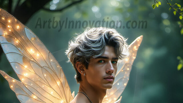 Brought to life through AI, Capturing the Pristine and Elusive Male Fairy. Imagine a realm where handsome shirtless men & boys possess enormous, shimmering crystal wings, vibrant and radiant, capturing and reflecting the light of the environment in a mesmerizing way, and adding a touch of mystery to their intense visage. Outdoors in a fantasy mysterious enchanted realm.