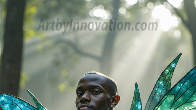 Brought to life through AI, Capturing the Pristine and Elusive Male Fairy. Imagine a realm where handsome shirtless men & boys possess enormous, shimmering crystal wings, vibrant and radiant, capturing and reflecting the light of the environment in a mesmerizing way, and adding a touch of mystery to their intense visage. Outdoors in a fantasy mysterious enchanted realm.