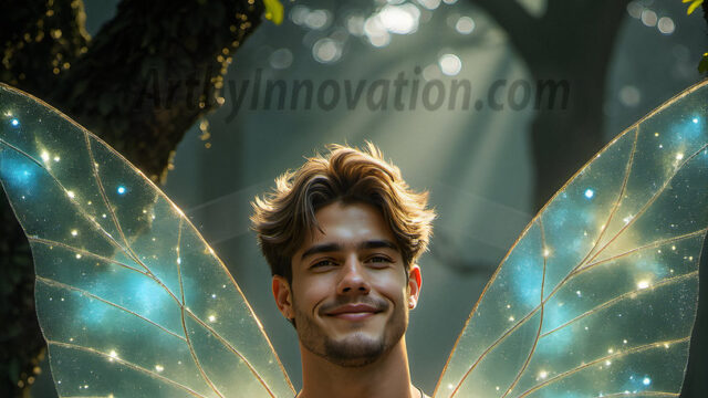 Brought to life through AI, Capturing the Pristine and Elusive Male Fairy. Imagine a realm where handsome shirtless men & boys possess enormous, shimmering crystal wings, vibrant and radiant, capturing and reflecting the light of the environment in a mesmerizing way, and adding a touch of mystery to their intense visage. Outdoors in a fantasy mysterious enchanted realm.