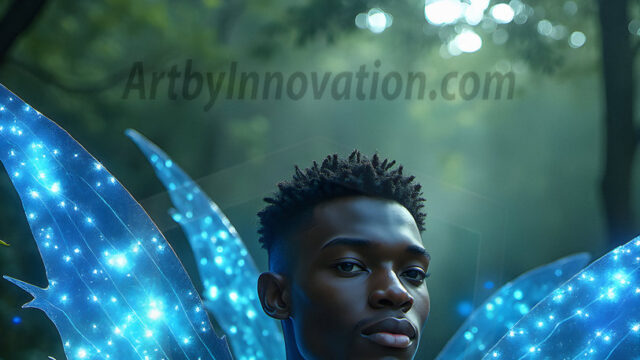 Brought to life through AI, Capturing the Pristine and Elusive Male Fairy. Imagine a realm where handsome shirtless men & boys possess enormous, shimmering crystal wings, vibrant and radiant, capturing and reflecting the light of the environment in a mesmerizing way, and adding a touch of mystery to their intense visage. Outdoors in a fantasy mysterious enchanted realm.