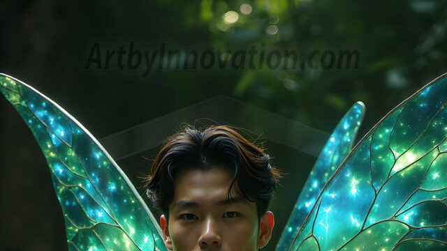 Brought to life through AI, Capturing the Pristine and Elusive Male Fairy. Imagine a realm where handsome shirtless men & boys possess enormous, shimmering crystal wings, vibrant and radiant, capturing and reflecting the light of the environment in a mesmerizing way, and adding a touch of mystery to their intense visage. Outdoors in a fantasy mysterious enchanted realm.