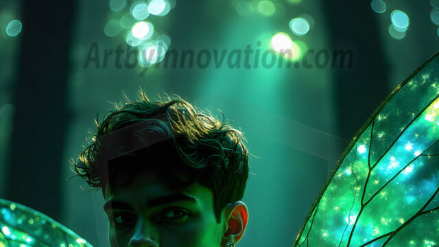 Brought to life through AI, Capturing the Pristine and Elusive Male Fairy. Imagine a realm where handsome shirtless men & boys possess enormous, shimmering crystal wings, vibrant and radiant, capturing and reflecting the light of the environment in a mesmerizing way, and adding a touch of mystery to their intense visage. Outdoors in a fantasy mysterious enchanted realm.