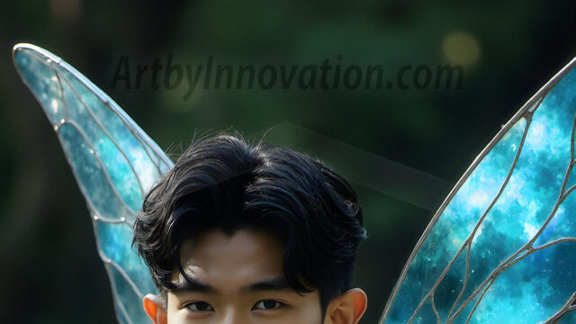 Brought to life through AI, Capturing the Pristine and Elusive Male Fairy. Imagine a realm where handsome shirtless men & boys possess enormous, shimmering crystal wings, vibrant and radiant, capturing and reflecting the light of the environment in a mesmerizing way, and adding a touch of mystery to their intense visage. Outdoors in a fantasy mysterious enchanted realm.