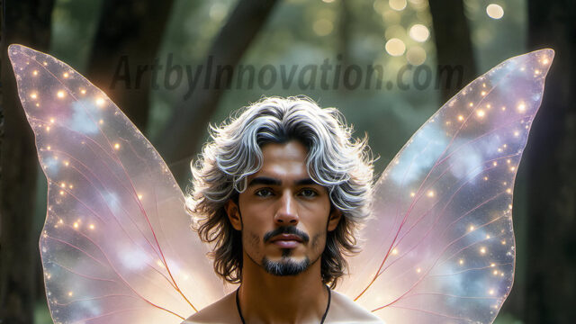 Brought to life through AI, Capturing the Pristine and Elusive Male Fairy. Imagine a realm where handsome shirtless men & boys possess enormous, shimmering crystal wings, vibrant and radiant, capturing and reflecting the light of the environment in a mesmerizing way, and adding a touch of mystery to their intense visage. Outdoors in a fantasy mysterious enchanted realm.
