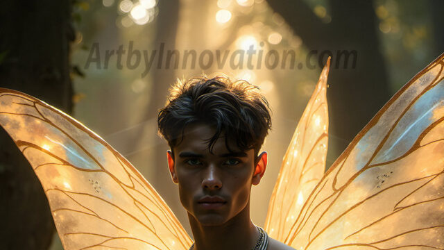 Brought to life through AI, Capturing the Pristine and Elusive Male Fairy. Imagine a realm where handsome shirtless men & boys possess enormous, shimmering crystal wings, vibrant and radiant, capturing and reflecting the light of the environment in a mesmerizing way, and adding a touch of mystery to their intense visage. Outdoors in a fantasy mysterious enchanted realm.