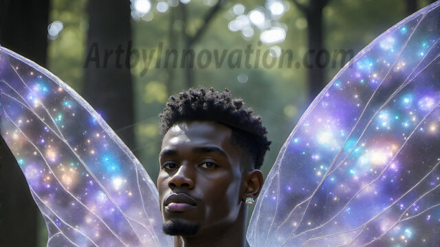Brought to life through AI, Capturing the Pristine and Elusive Male Fairy. Imagine a realm where handsome shirtless men & boys possess enormous, shimmering crystal wings, vibrant and radiant, capturing and reflecting the light of the environment in a mesmerizing way, and adding a touch of mystery to their intense visage. Outdoors in a fantasy mysterious enchanted realm.