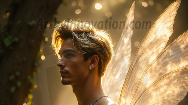 Brought to life through AI, Capturing the Pristine and Elusive Male Fairy. Imagine a realm where handsome shirtless men & boys possess enormous, shimmering crystal wings, vibrant and radiant, capturing and reflecting the light of the environment in a mesmerizing way, and adding a touch of mystery to their intense visage. Outdoors in a fantasy mysterious enchanted realm.