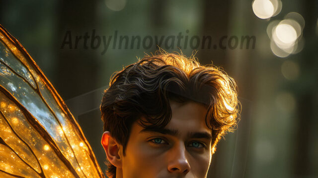 Brought to life through AI, Capturing the Pristine and Elusive Male Fairy. Imagine a realm where handsome shirtless men & boys possess enormous, shimmering crystal wings, vibrant and radiant, capturing and reflecting the light of the environment in a mesmerizing way, and adding a touch of mystery to their intense visage. Outdoors in a fantasy mysterious enchanted realm.
