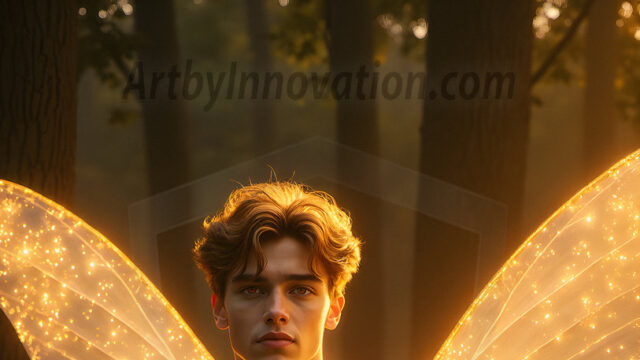 Brought to life through AI, Capturing the Pristine and Elusive Male Fairy. Imagine a realm where handsome shirtless men & boys possess enormous, shimmering crystal wings, vibrant and radiant, capturing and reflecting the light of the environment in a mesmerizing way, and adding a touch of mystery to their intense visage. Outdoors in a fantasy mysterious enchanted realm.