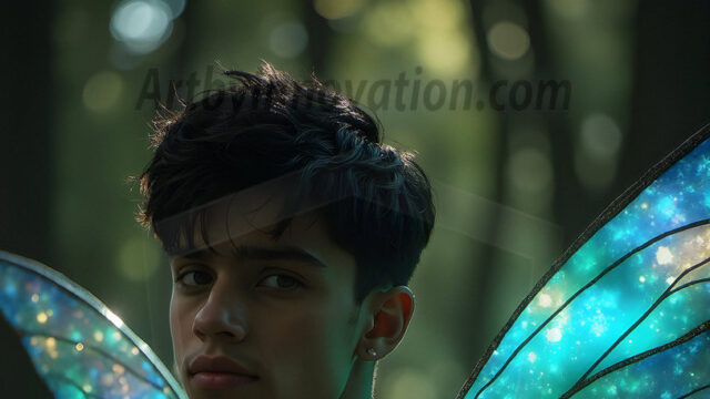 Brought to life through AI, Capturing the Pristine and Elusive Male Fairy. Imagine a realm where handsome shirtless men & boys possess enormous, shimmering crystal wings, vibrant and radiant, capturing and reflecting the light of the environment in a mesmerizing way, and adding a touch of mystery to their intense visage. Outdoors in a fantasy mysterious enchanted realm.