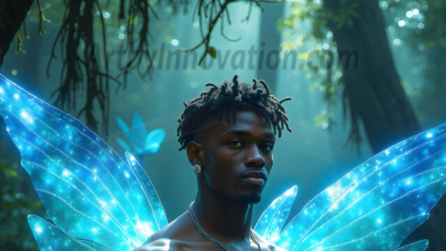 Brought to life through AI, Capturing the Pristine and Elusive Male Fairy. Imagine a realm where handsome shirtless men & boys possess enormous, shimmering crystal wings, vibrant and radiant, capturing and reflecting the light of the environment in a mesmerizing way, and adding a touch of mystery to their intense visage. Outdoors in a fantasy mysterious enchanted realm.