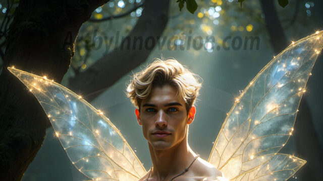 Brought to life through AI, Capturing the Pristine and Elusive Male Fairy. Imagine a realm where handsome shirtless men & boys possess enormous, shimmering crystal wings, vibrant and radiant, capturing and reflecting the light of the environment in a mesmerizing way, and adding a touch of mystery to their intense visage. Outdoors in a fantasy mysterious enchanted realm.