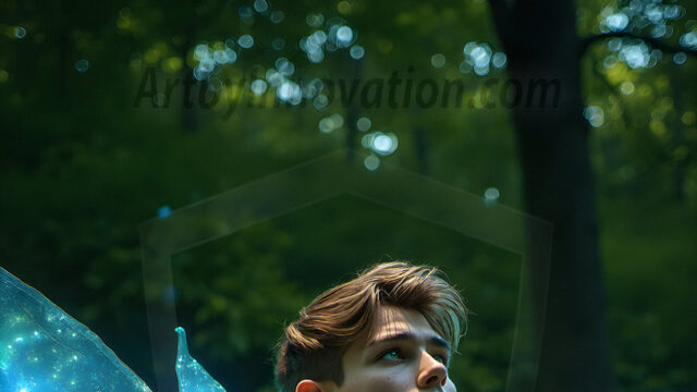 Brought to life through AI, Capturing the Pristine and Elusive Male Fairy. Imagine a realm where handsome shirtless men & boys possess enormous, shimmering crystal wings, vibrant and radiant, capturing and reflecting the light of the environment in a mesmerizing way, and adding a touch of mystery to their intense visage. Outdoors in a fantasy mysterious enchanted realm.