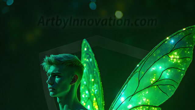 Brought to life through AI, Capturing the Pristine and Elusive Male Fairy. Imagine a realm where handsome shirtless men & boys possess enormous, shimmering crystal wings, vibrant and radiant, capturing and reflecting the light of the environment in a mesmerizing way, and adding a touch of mystery to their intense visage. Outdoors in a fantasy mysterious enchanted realm.