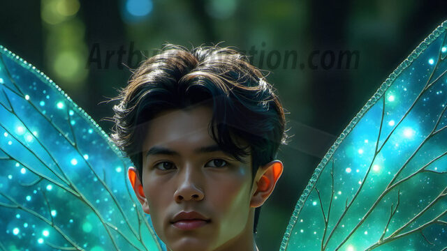 Brought to life through AI, Capturing the Pristine and Elusive Male Fairy. Imagine a realm where handsome shirtless men & boys possess enormous, shimmering crystal wings, vibrant and radiant, capturing and reflecting the light of the environment in a mesmerizing way, and adding a touch of mystery to their intense visage. Outdoors in a fantasy mysterious enchanted realm.