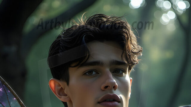 Brought to life through AI, Capturing the Pristine and Elusive Male Fairy. Imagine a realm where handsome shirtless men & boys possess enormous, shimmering crystal wings, vibrant and radiant, capturing and reflecting the light of the environment in a mesmerizing way, and adding a touch of mystery to their intense visage. Outdoors in a fantasy mysterious enchanted realm.