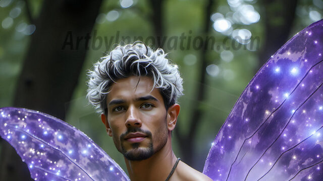Brought to life through AI, Capturing the Pristine and Elusive Male Fairy. Imagine a realm where handsome shirtless men & boys possess enormous, shimmering crystal wings, vibrant and radiant, capturing and reflecting the light of the environment in a mesmerizing way, and adding a touch of mystery to their intense visage. Outdoors in a fantasy mysterious enchanted realm.