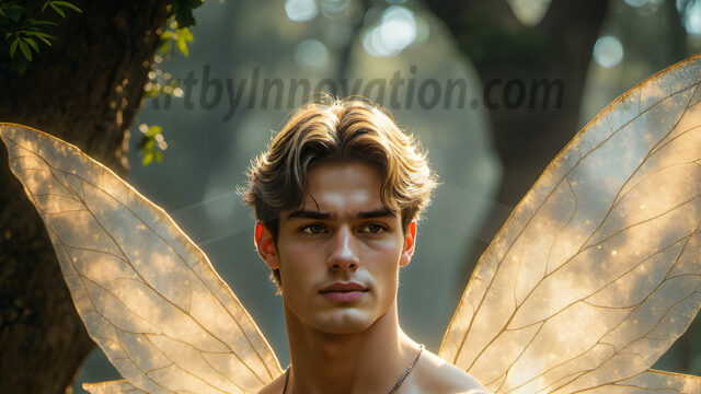 Brought to life through AI, Capturing the Pristine and Elusive Male Fairy. Imagine a realm where handsome shirtless men & boys possess enormous, shimmering crystal wings, vibrant and radiant, capturing and reflecting the light of the environment in a mesmerizing way, and adding a touch of mystery to their intense visage. Outdoors in a fantasy mysterious enchanted realm.