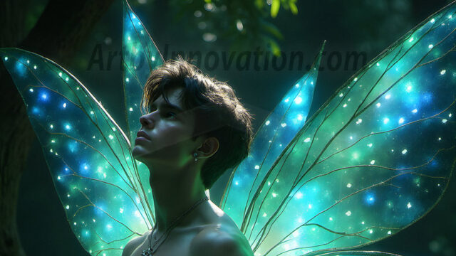 Brought to life through AI, Capturing the Pristine and Elusive Male Fairy. Imagine a realm where handsome shirtless men & boys possess enormous, shimmering crystal wings, vibrant and radiant, capturing and reflecting the light of the environment in a mesmerizing way, and adding a touch of mystery to their intense visage. Outdoors in a fantasy mysterious enchanted realm.