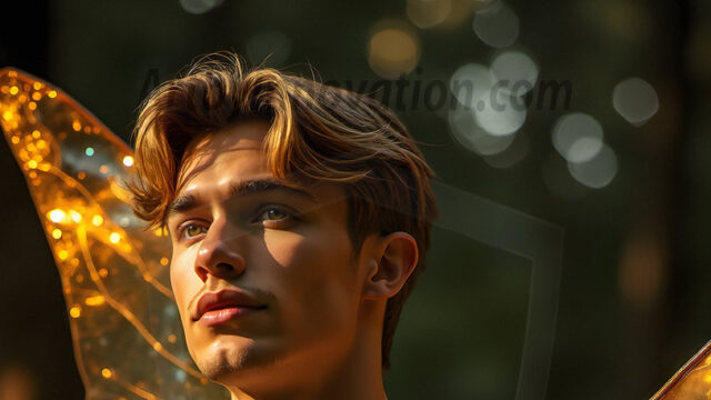 Brought to life through AI, Capturing the Pristine and Elusive Male Fairy. Imagine a realm where handsome shirtless men & boys possess enormous, shimmering crystal wings, vibrant and radiant, capturing and reflecting the light of the environment in a mesmerizing way, and adding a touch of mystery to their intense visage. Outdoors in a fantasy mysterious enchanted realm.