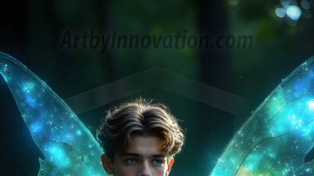 Brought to life through AI, Capturing the Pristine and Elusive Male Fairy. Imagine a realm where handsome shirtless men & boys possess enormous, shimmering crystal wings, vibrant and radiant, capturing and reflecting the light of the environment in a mesmerizing way, and adding a touch of mystery to their intense visage. Outdoors in a fantasy mysterious enchanted realm.
