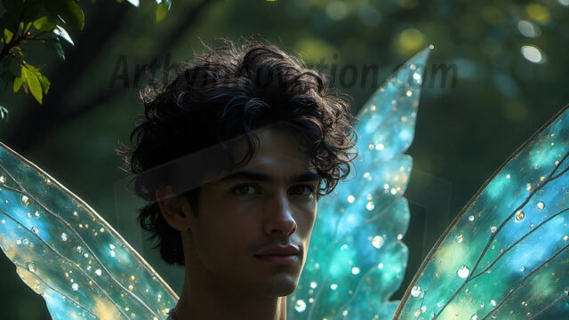 Brought to life through AI, Capturing the Pristine and Elusive Male Fairy. Imagine a realm where handsome shirtless men & boys possess enormous, shimmering crystal wings, vibrant and radiant, capturing and reflecting the light of the environment in a mesmerizing way, and adding a touch of mystery to their intense visage. Outdoors in a fantasy mysterious enchanted realm.