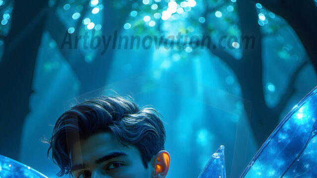 Brought to life through AI, Capturing the Pristine and Elusive Male Fairy. Imagine a realm where handsome shirtless men & boys possess enormous, shimmering crystal wings, vibrant and radiant, capturing and reflecting the light of the environment in a mesmerizing way, and adding a touch of mystery to their intense visage. Outdoors in a fantasy mysterious enchanted realm.