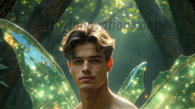 Brought to life through AI, Capturing the Pristine and Elusive Male Fairy. Imagine a realm where handsome shirtless men & boys possess enormous, shimmering crystal wings, vibrant and radiant, capturing and reflecting the light of the environment in a mesmerizing way, and adding a touch of mystery to their intense visage. Outdoors in a fantasy mysterious enchanted realm.