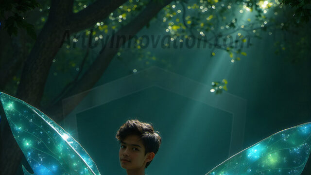 Brought to life through AI, Capturing the Pristine and Elusive Male Fairy. Imagine a realm where handsome shirtless men & boys possess enormous, shimmering crystal wings, vibrant and radiant, capturing and reflecting the light of the environment in a mesmerizing way, and adding a touch of mystery to their intense visage. Outdoors in a fantasy mysterious enchanted realm.