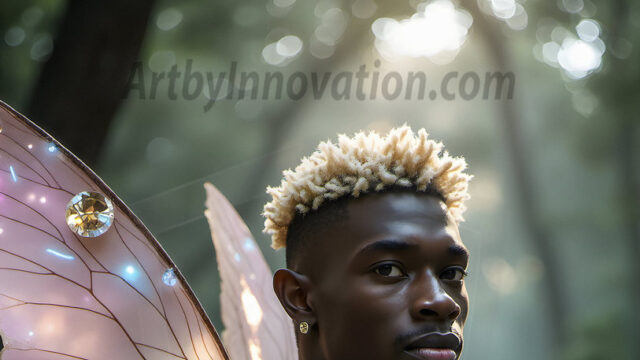 Brought to life through AI, Capturing the Pristine and Elusive Male Fairy. Imagine a realm where handsome shirtless men & boys possess enormous, shimmering crystal wings, vibrant and radiant, capturing and reflecting the light of the environment in a mesmerizing way, and adding a touch of mystery to their intense visage. Outdoors in a fantasy mysterious enchanted realm.