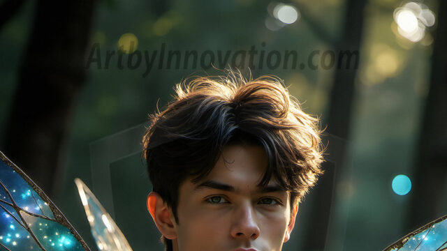 Brought to life through AI, Capturing the Pristine and Elusive Male Fairy. Imagine a realm where handsome shirtless men & boys possess enormous, shimmering crystal wings, vibrant and radiant, capturing and reflecting the light of the environment in a mesmerizing way, and adding a touch of mystery to their intense visage. Outdoors in a fantasy mysterious enchanted realm.