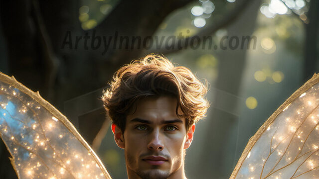 Brought to life through AI, Capturing the Pristine and Elusive Male Fairy. Imagine a realm where handsome shirtless men & boys possess enormous, shimmering crystal wings, vibrant and radiant, capturing and reflecting the light of the environment in a mesmerizing way, and adding a touch of mystery to their intense visage. Outdoors in a fantasy mysterious enchanted realm.
