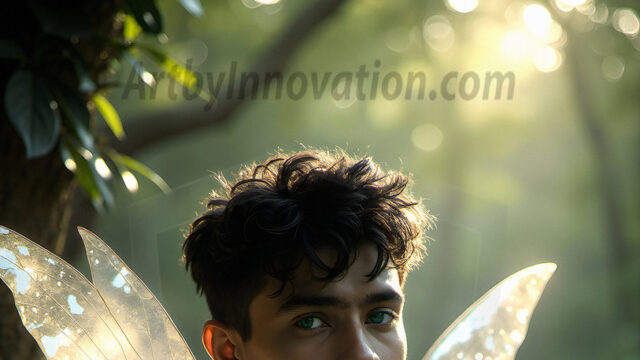 Brought to life through AI, Capturing the Pristine and Elusive Male Fairy. Imagine a realm where handsome shirtless men & boys possess enormous, shimmering crystal wings, vibrant and radiant, capturing and reflecting the light of the environment in a mesmerizing way, and adding a touch of mystery to their intense visage. Outdoors in a fantasy mysterious enchanted realm.