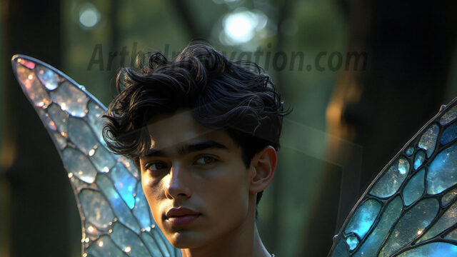 Brought to life through AI, Capturing the Pristine and Elusive Male Fairy. Imagine a realm where handsome shirtless men & boys possess enormous, shimmering crystal wings, vibrant and radiant, capturing and reflecting the light of the environment in a mesmerizing way, and adding a touch of mystery to their intense visage. Outdoors in a fantasy mysterious enchanted realm.