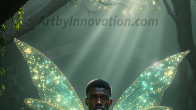 Brought to life through AI, Capturing the Pristine and Elusive Male Fairy. Imagine a realm where handsome shirtless men & boys possess enormous, shimmering crystal wings, vibrant and radiant, capturing and reflecting the light of the environment in a mesmerizing way, and adding a touch of mystery to their intense visage. Outdoors in a fantasy mysterious enchanted realm.