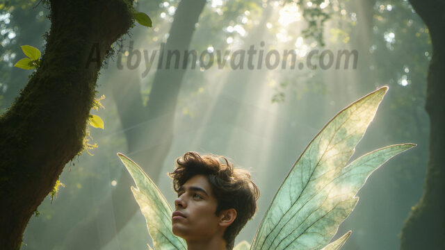 Brought to life through AI, Capturing the Pristine and Elusive Male Fairy. Imagine a realm where handsome shirtless men & boys possess enormous, shimmering crystal wings, vibrant and radiant, capturing and reflecting the light of the environment in a mesmerizing way, and adding a touch of mystery to their intense visage. Outdoors in a fantasy mysterious enchanted realm.