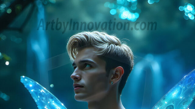 Brought to life through AI, Capturing the Pristine and Elusive Male Fairy. Imagine a realm where handsome shirtless men & boys possess enormous, shimmering crystal wings, vibrant and radiant, capturing and reflecting the light of the environment in a mesmerizing way, and adding a touch of mystery to their intense visage. Outdoors in a fantasy mysterious enchanted realm.