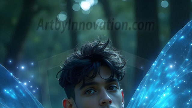 Brought to life through AI, Capturing the Pristine and Elusive Male Fairy. Imagine a realm where handsome shirtless men & boys possess enormous, shimmering crystal wings, vibrant and radiant, capturing and reflecting the light of the environment in a mesmerizing way, and adding a touch of mystery to their intense visage. Outdoors in a fantasy mysterious enchanted realm.