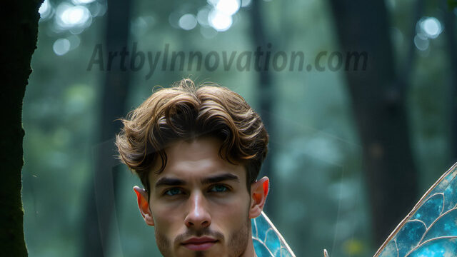 Brought to life through AI, Capturing the Pristine and Elusive Male Fairy. Imagine a realm where handsome shirtless men & boys possess enormous, shimmering crystal wings, vibrant and radiant, capturing and reflecting the light of the environment in a mesmerizing way, and adding a touch of mystery to their intense visage. Outdoors in a fantasy mysterious enchanted realm.