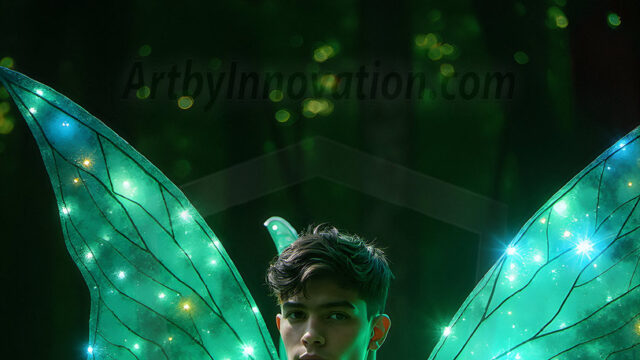 Brought to life through AI, Capturing the Pristine and Elusive Male Fairy. Imagine a realm where handsome shirtless men & boys possess enormous, shimmering crystal wings, vibrant and radiant, capturing and reflecting the light of the environment in a mesmerizing way, and adding a touch of mystery to their intense visage. Outdoors in a fantasy mysterious enchanted realm.
