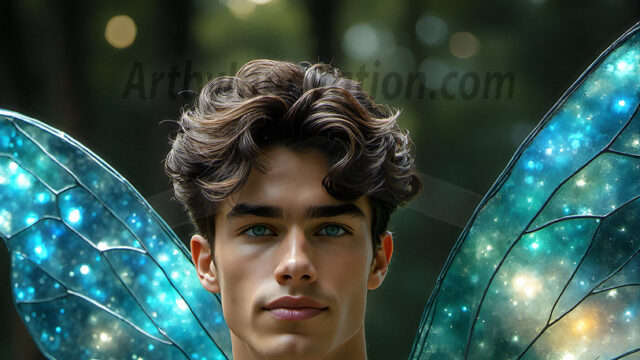 Brought to life through AI, Capturing the Pristine and Elusive Male Fairy. Imagine a realm where handsome shirtless men & boys possess enormous, shimmering crystal wings, vibrant and radiant, capturing and reflecting the light of the environment in a mesmerizing way, and adding a touch of mystery to their intense visage. Outdoors in a fantasy mysterious enchanted realm.