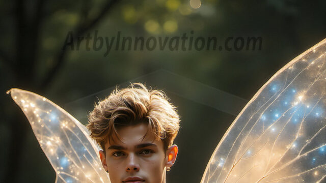 Brought to life through AI, Capturing the Pristine and Elusive Male Fairy. Imagine a realm where handsome shirtless men & boys possess enormous, shimmering crystal wings, vibrant and radiant, capturing and reflecting the light of the environment in a mesmerizing way, and adding a touch of mystery to their intense visage. Outdoors in a fantasy mysterious enchanted realm.
