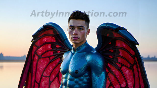 Brought to life through AI, Capturing the Pristine and Elusive Male Fairy. Imagine a realm where handsome shirtless men & boys possess enormous, shimmering crystal wings, vibrant and radiant, capturing and reflecting the light of the environment in a mesmerizing way, and adding a touch of mystery to their intense visage. Outdoors in a fantasy mysterious enchanted realm.