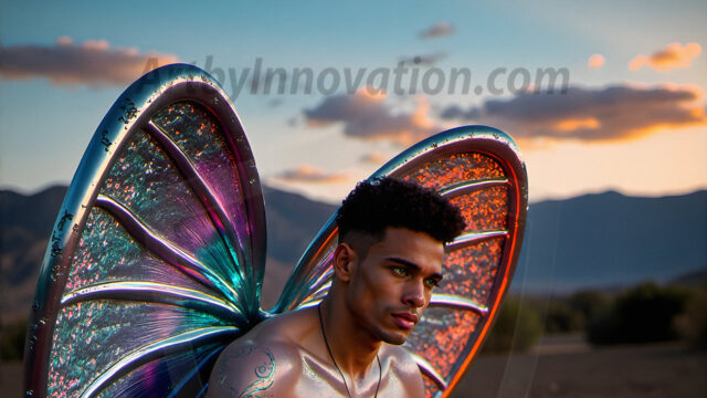 Brought to life through AI, Capturing the Pristine and Elusive Male Fairy. Imagine a realm where handsome shirtless men & boys possess enormous, shimmering crystal wings, vibrant and radiant, capturing and reflecting the light of the environment in a mesmerizing way, and adding a touch of mystery to their intense visage. Outdoors in a fantasy mysterious enchanted realm.