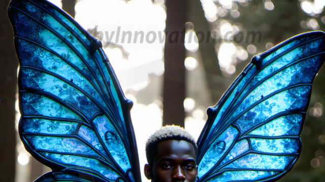 Brought to life through AI, Capturing the Pristine and Elusive Male Fairy. Imagine a realm where handsome shirtless men & boys possess enormous, shimmering crystal wings, vibrant and radiant, capturing and reflecting the light of the environment in a mesmerizing way, and adding a touch of mystery to their intense visage. Outdoors in a fantasy mysterious enchanted realm.