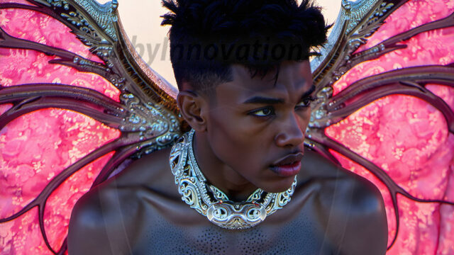 Brought to life through AI, Capturing the Pristine and Elusive Male Fairy. Imagine a realm where handsome shirtless men & boys possess enormous, shimmering crystal wings, vibrant and radiant, capturing and reflecting the light of the environment in a mesmerizing way, and adding a touch of mystery to their intense visage. Outdoors in a fantasy mysterious enchanted realm.