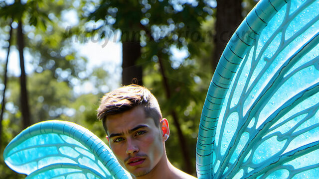 Brought to life through AI, Capturing the Pristine and Elusive Male Fairy. Imagine a realm where handsome shirtless men & boys possess enormous, shimmering crystal wings, vibrant and radiant, capturing and reflecting the light of the environment in a mesmerizing way, and adding a touch of mystery to their intense visage. Outdoors in a fantasy mysterious enchanted realm.