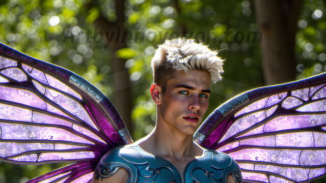 Brought to life through AI, Capturing the Pristine and Elusive Male Fairy. Imagine a realm where handsome shirtless men & boys possess enormous, shimmering crystal wings, vibrant and radiant, capturing and reflecting the light of the environment in a mesmerizing way, and adding a touch of mystery to their intense visage. Outdoors in a fantasy mysterious enchanted realm.